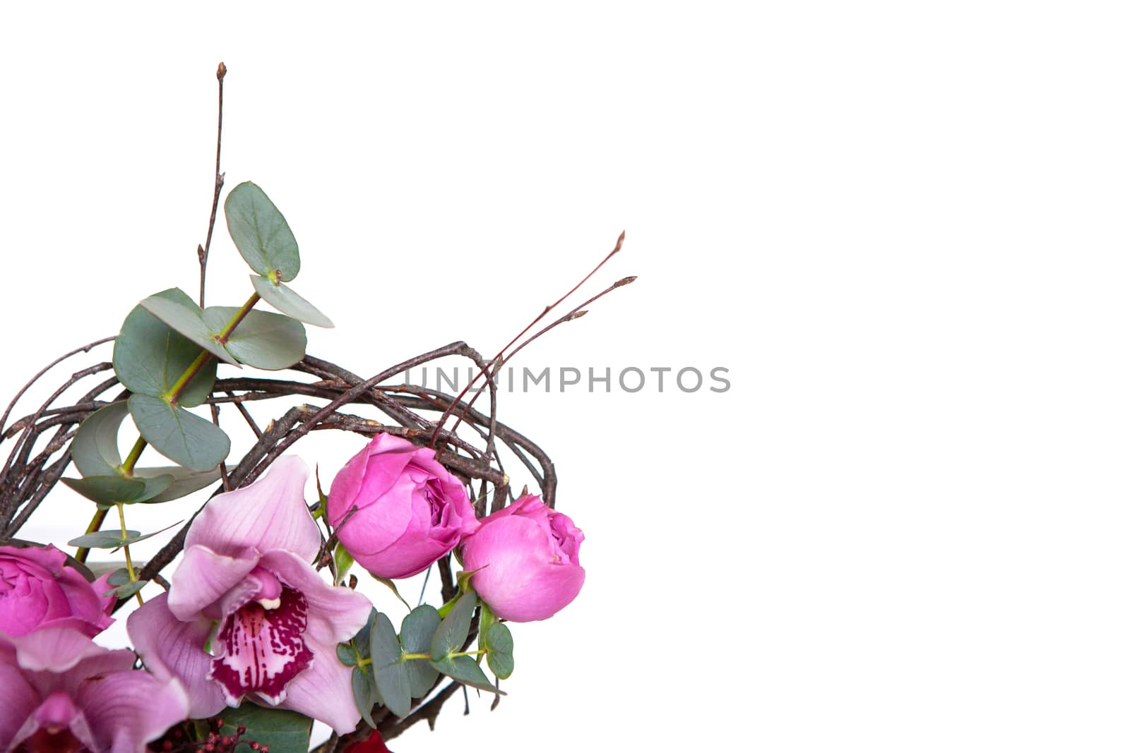 Creative flower bouquet isolated on white background. Mockup with copy space for greeting card, invitation, social media, Valentine's day, flower delivery, Mother's day, Happy Women's Day. Flat lay.