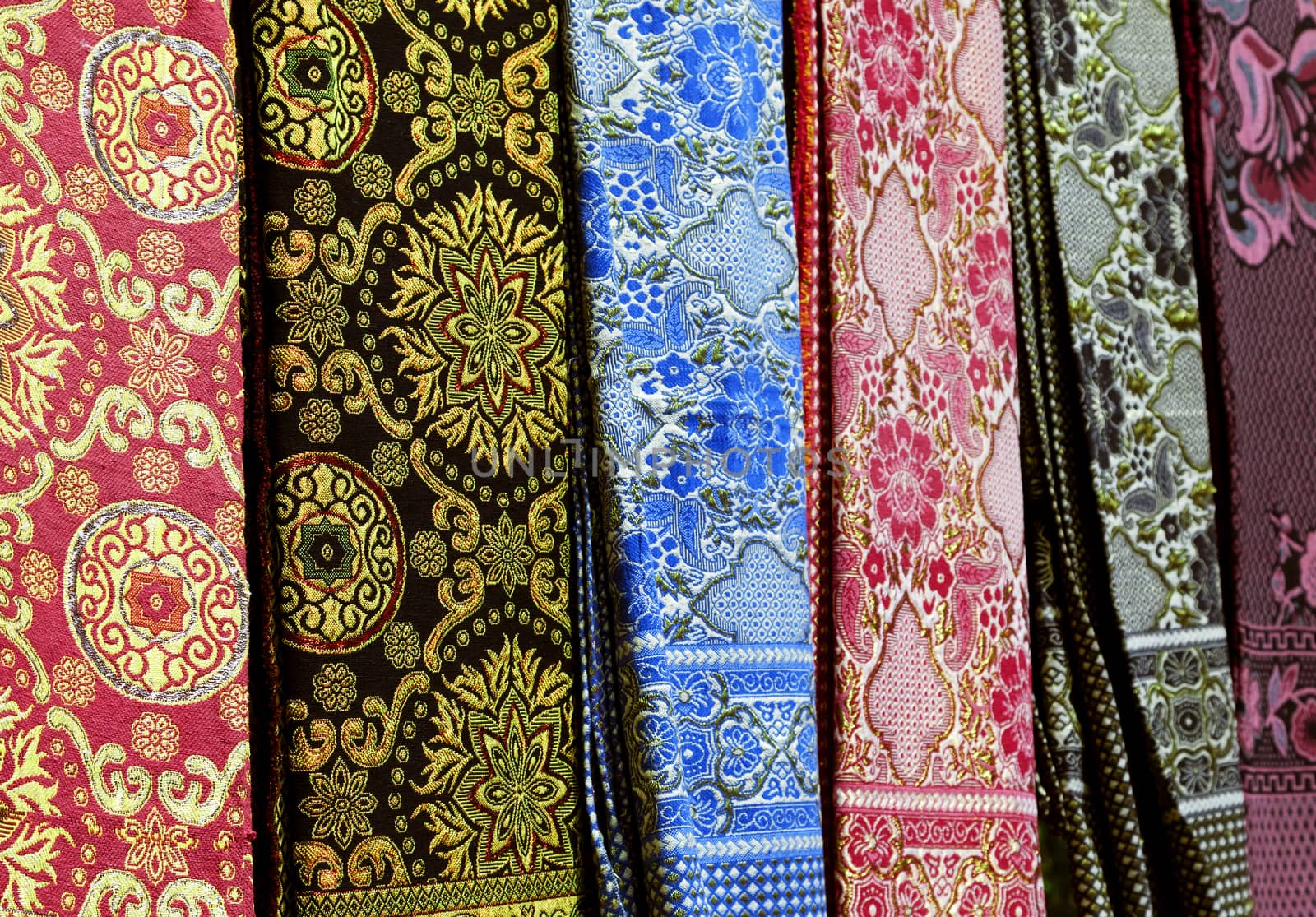 Close-up of traditional colorful vietnamese textile scarves
