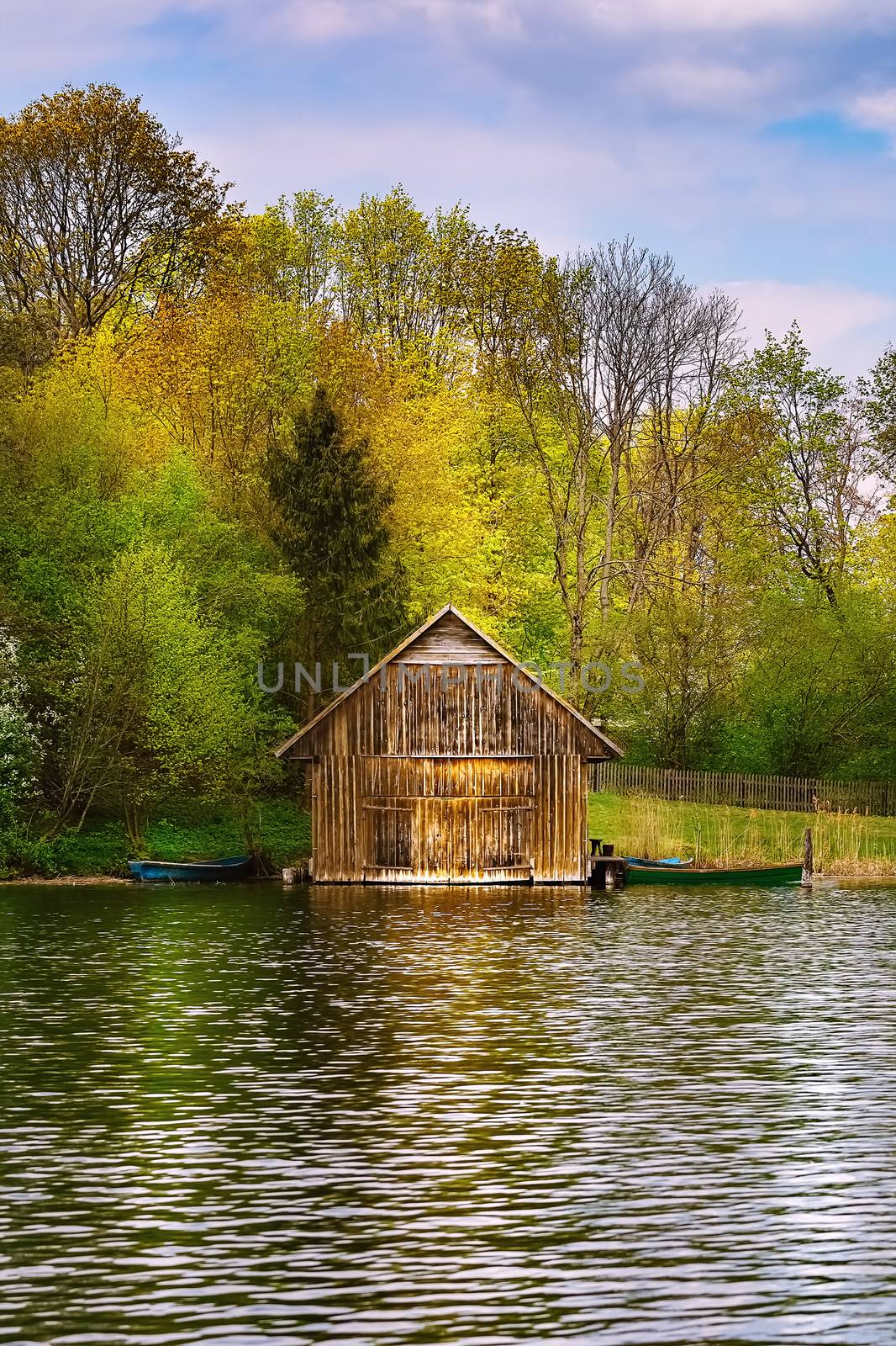 Wooden boat storage garage on the lake
