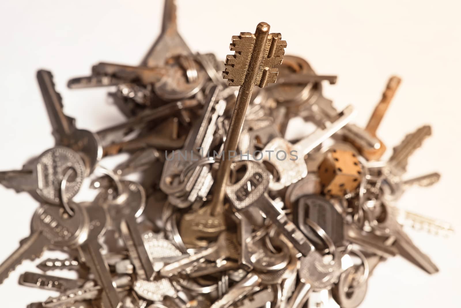 Many keys of different sizes. Keys on a white background, close-up. Selective focus, soft focus.