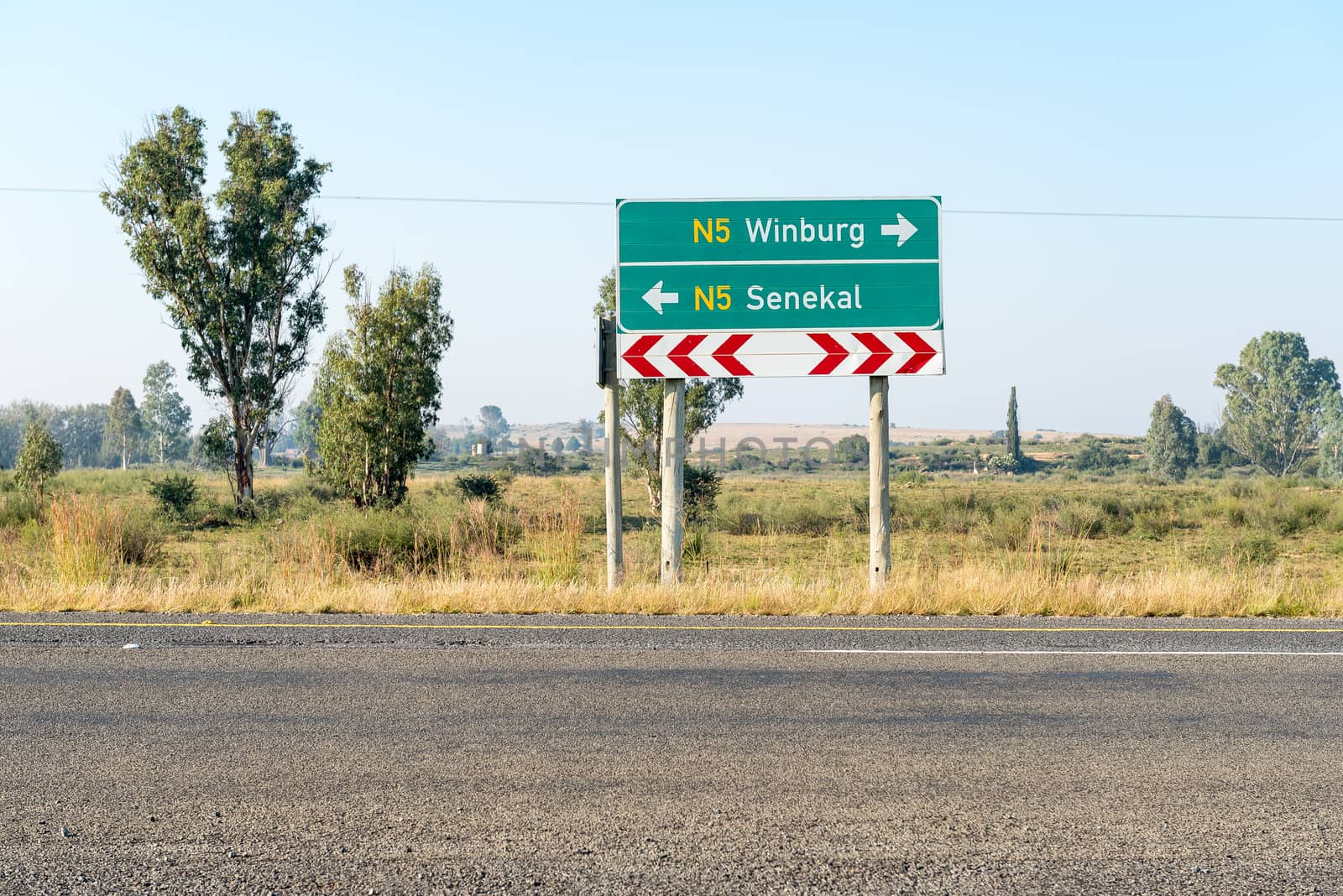A directional sign on road N5 between Winburg and Senekal in the Free State Province of South Africa