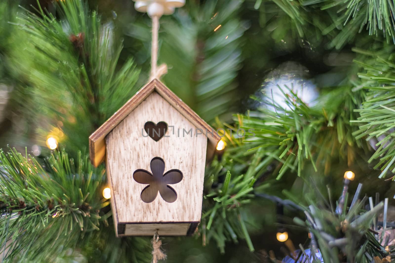 Xmas concept. soft selective focus.The decor on the Christmas tree on which the New Year's toys are hanging .