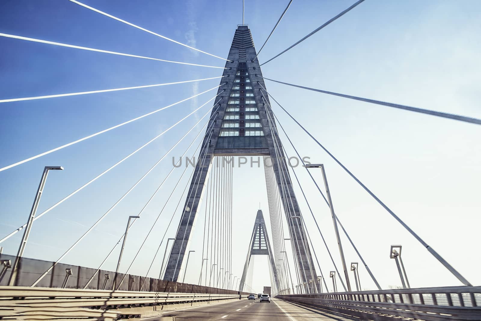 Bridge over river.Bridge and blue sky.On Bridge.