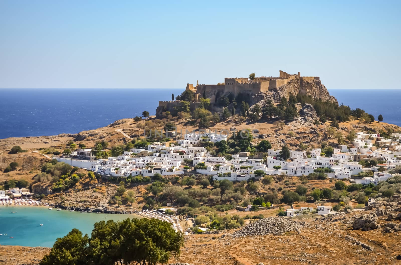 City Of Lindos In Rhodes Greece with the Castle and ruin ontop of the Hill