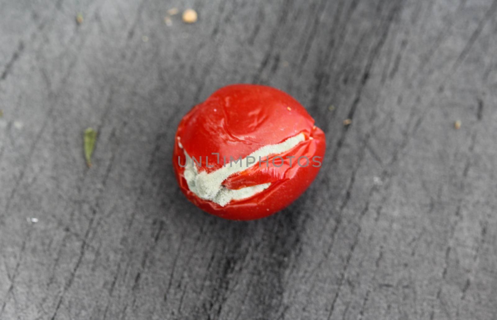 close up of Rotten cherry tomato on black cutting board background