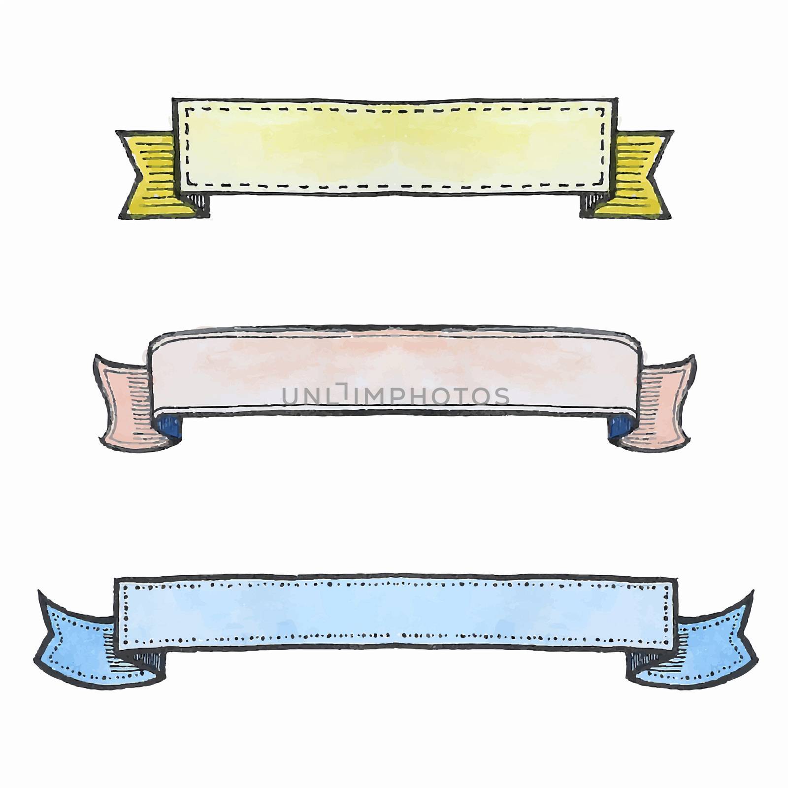 Freehand illustration of set of watercolor ribbon banners on white background, doodle hand drawn