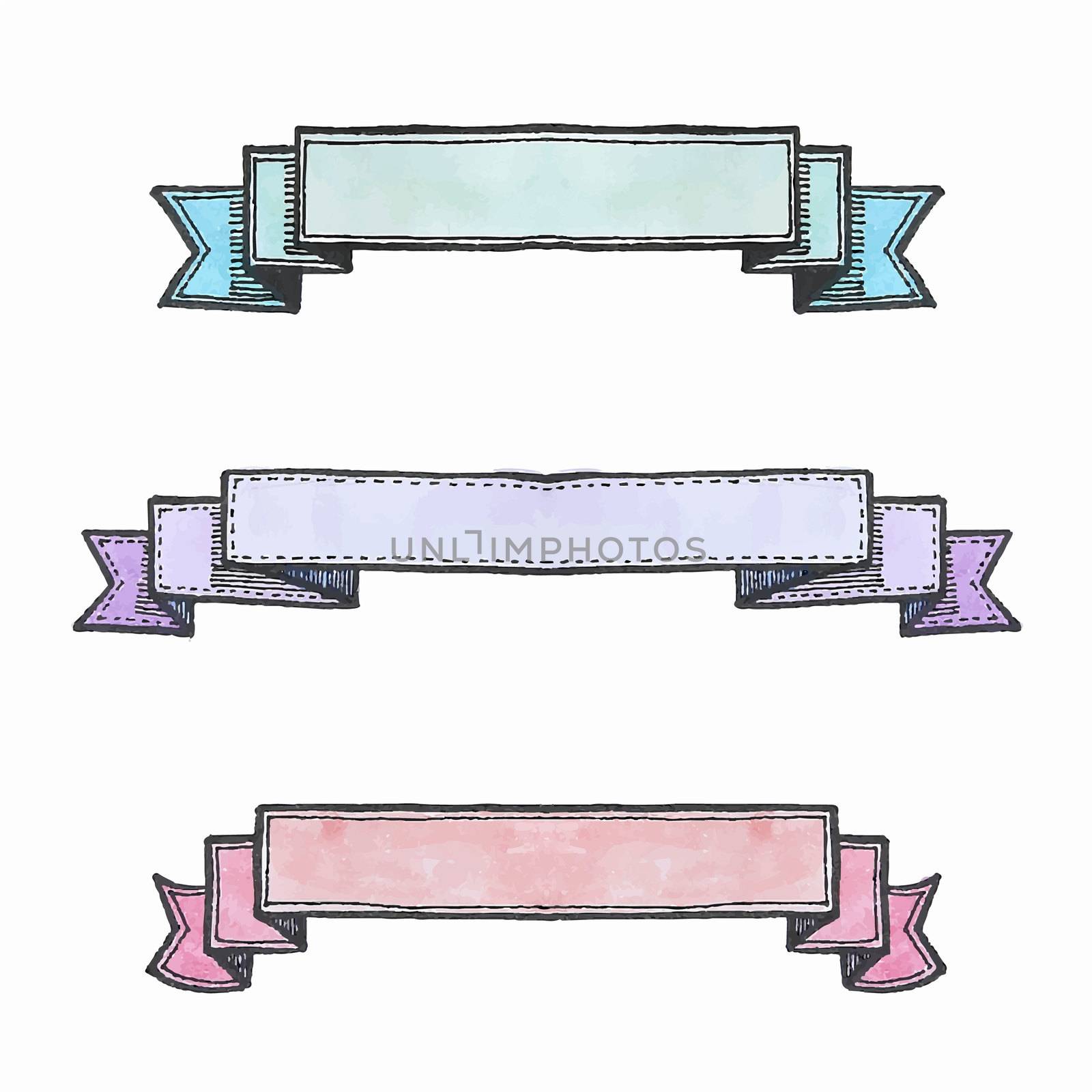 Freehand illustration of set of watercolor ribbon banners on white background, doodle hand drawn