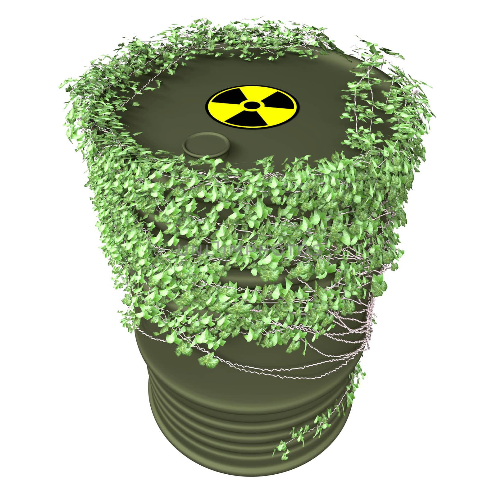 Barrel, Ivy, Nuclear sign. Ecology, alternative sustainable energy and environment protection saving business concept. 3d illustration.
