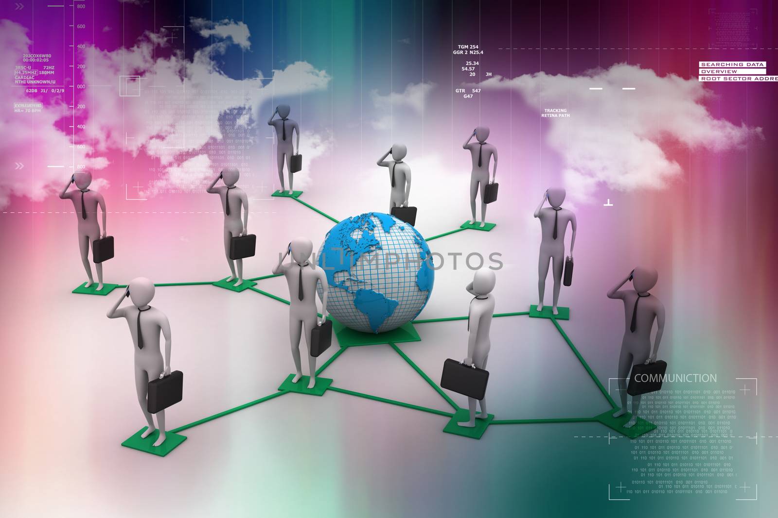 3d image of virtual men on global connection