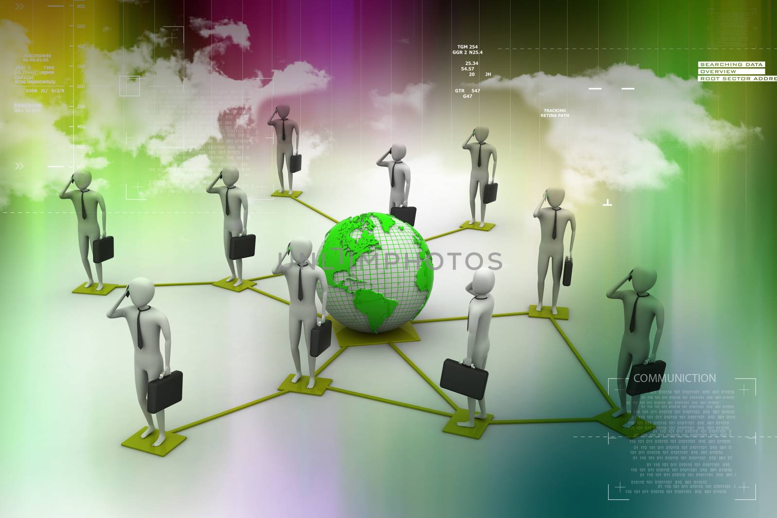 3d image of virtual men on global connection