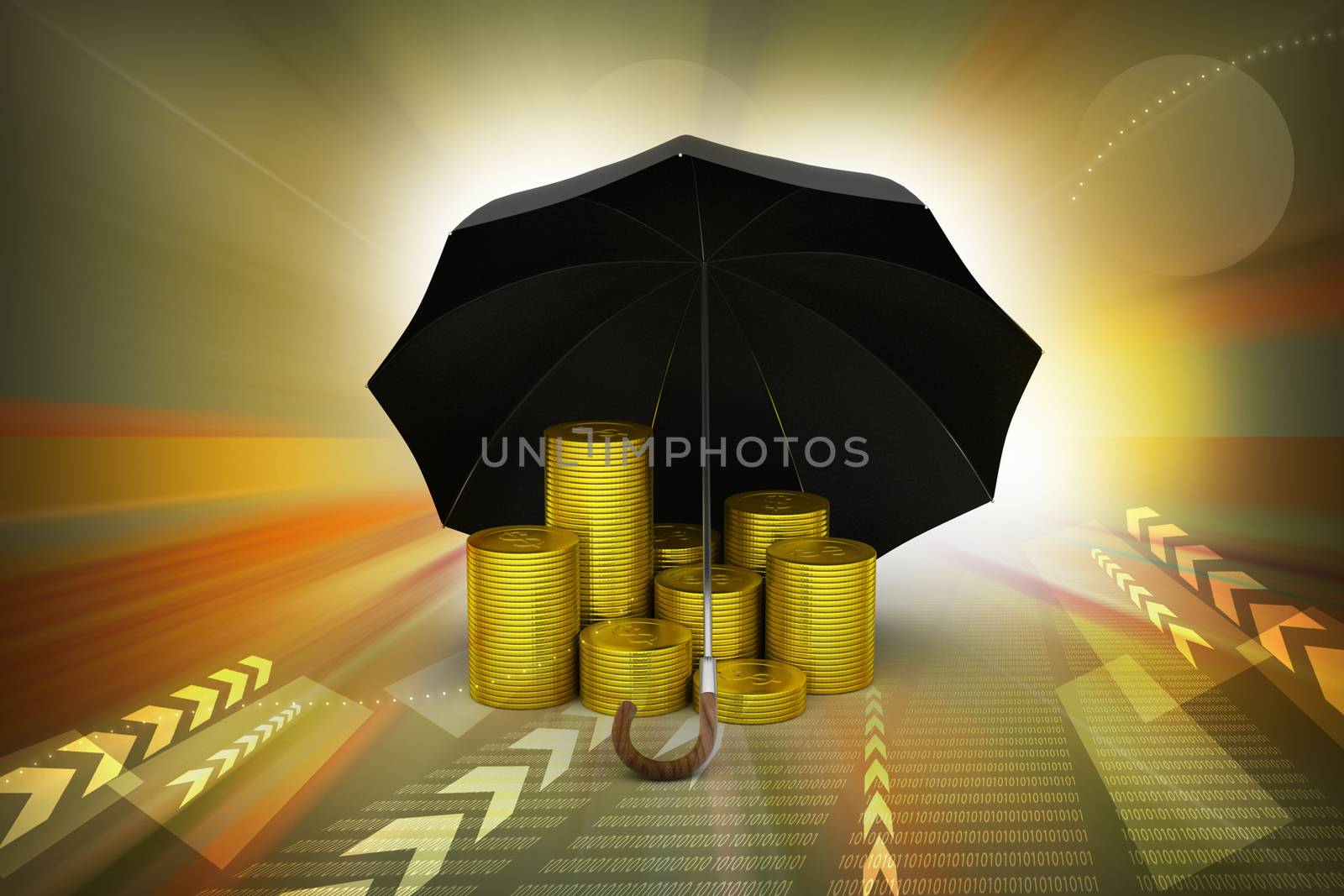 Gold coins under a black umbrella