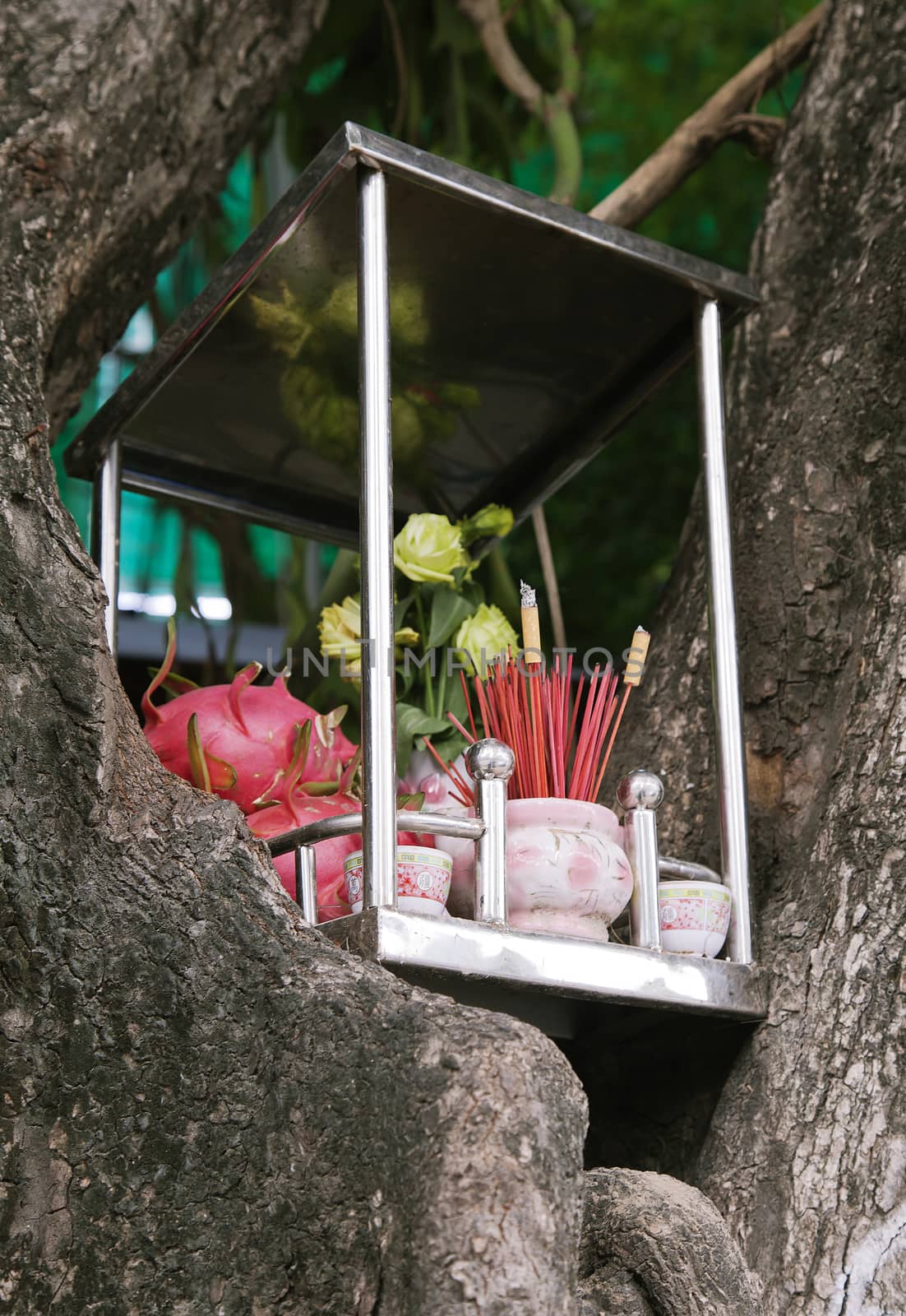 Small box with incence and offerings to gods, Vietnam