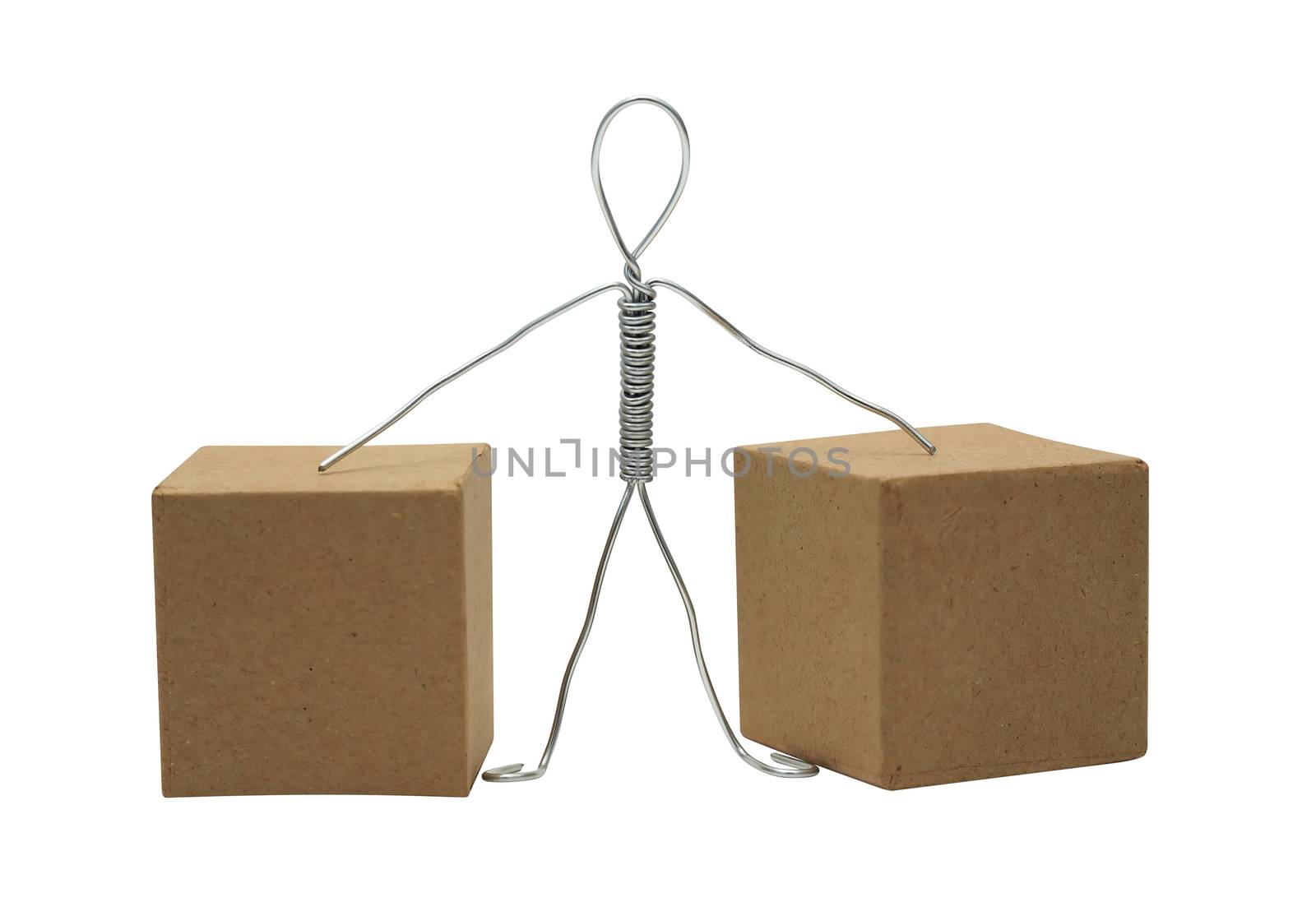 Man made from aluminum wire between two cardboard boxes