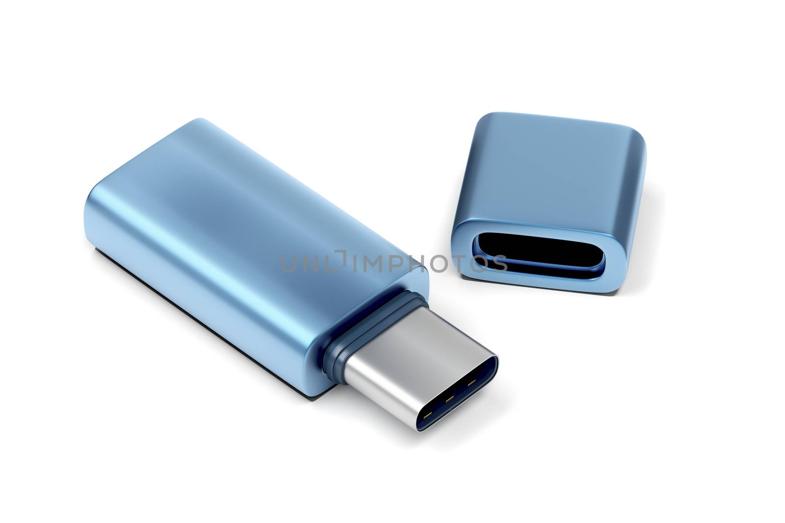 Blue usb type-c flash drive on white background