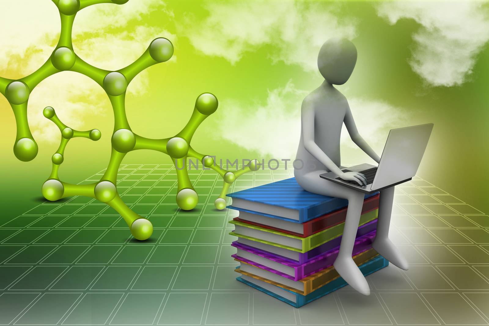 3d man sitting on books and working at his laptop by cuteimage