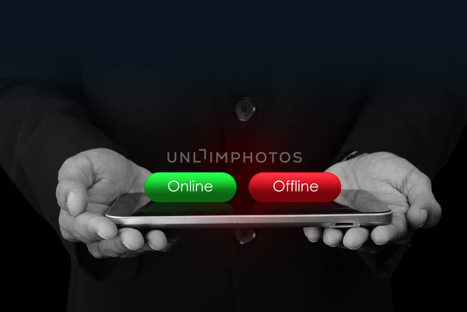 Business man with online and offline button by cuteimage