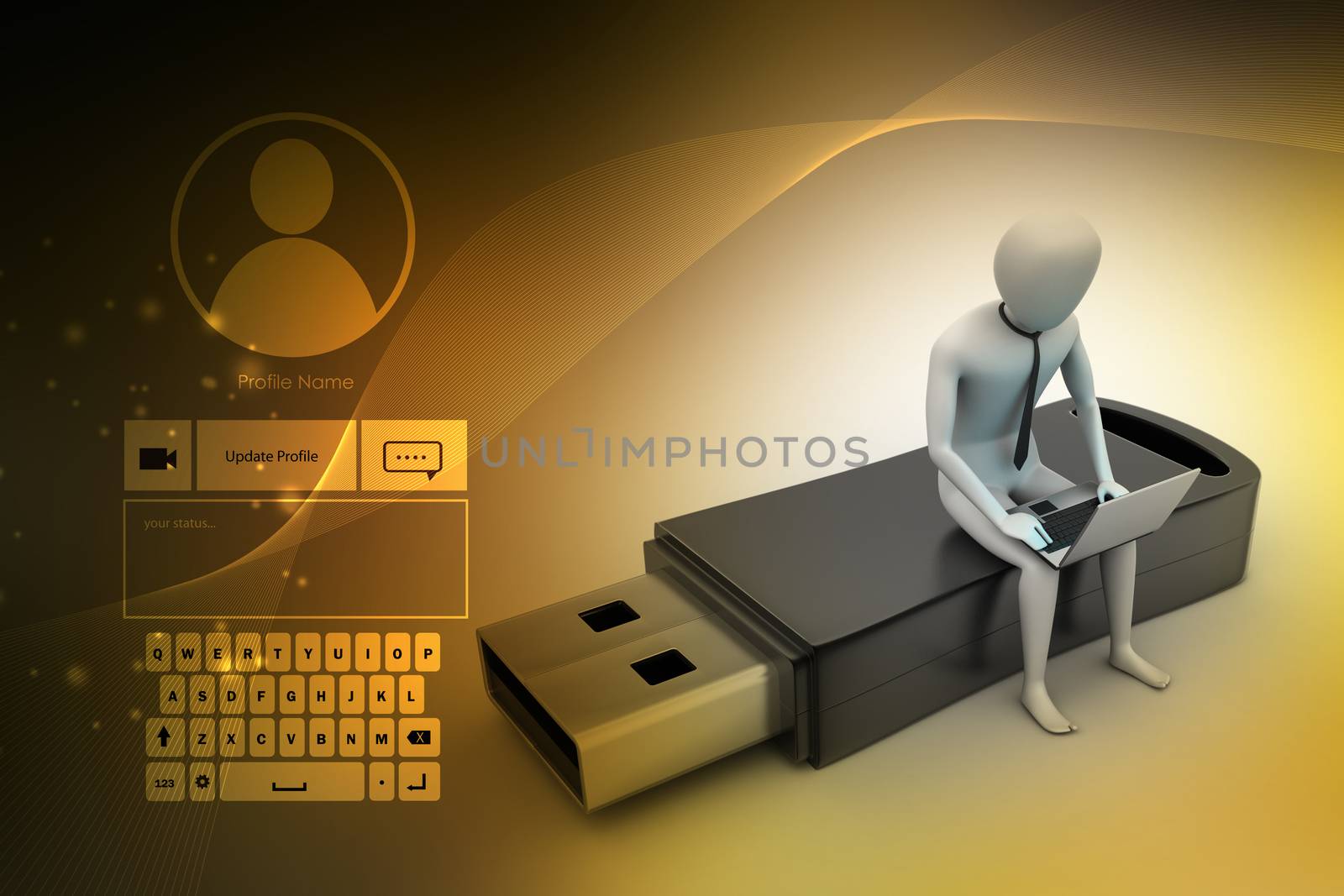 3d man and laptop sitting usb