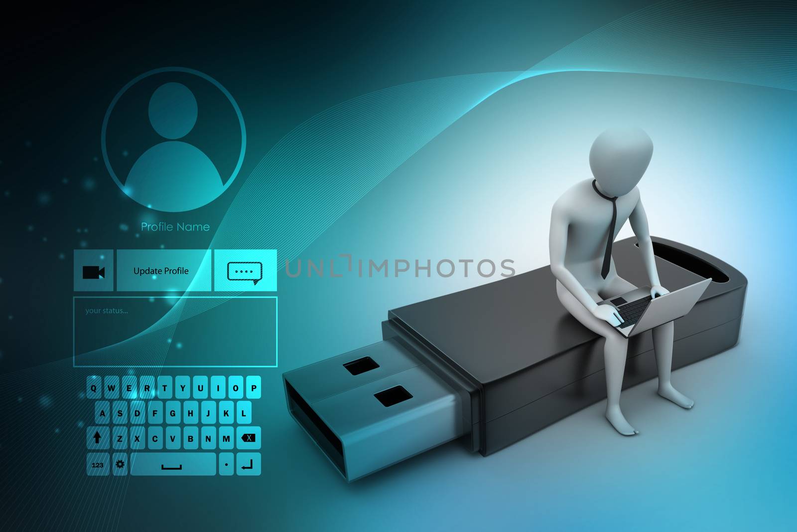 3d man and laptop sitting usb by cuteimage