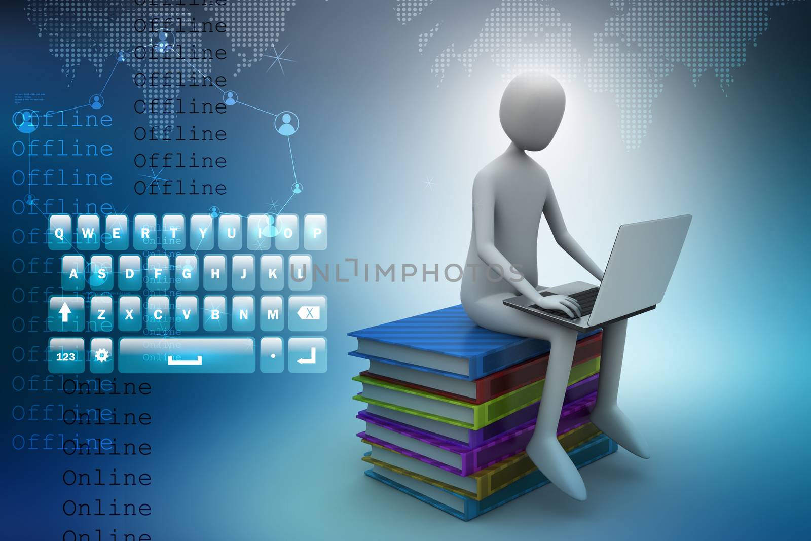 3d man sitting on books and working at his laptop by cuteimage