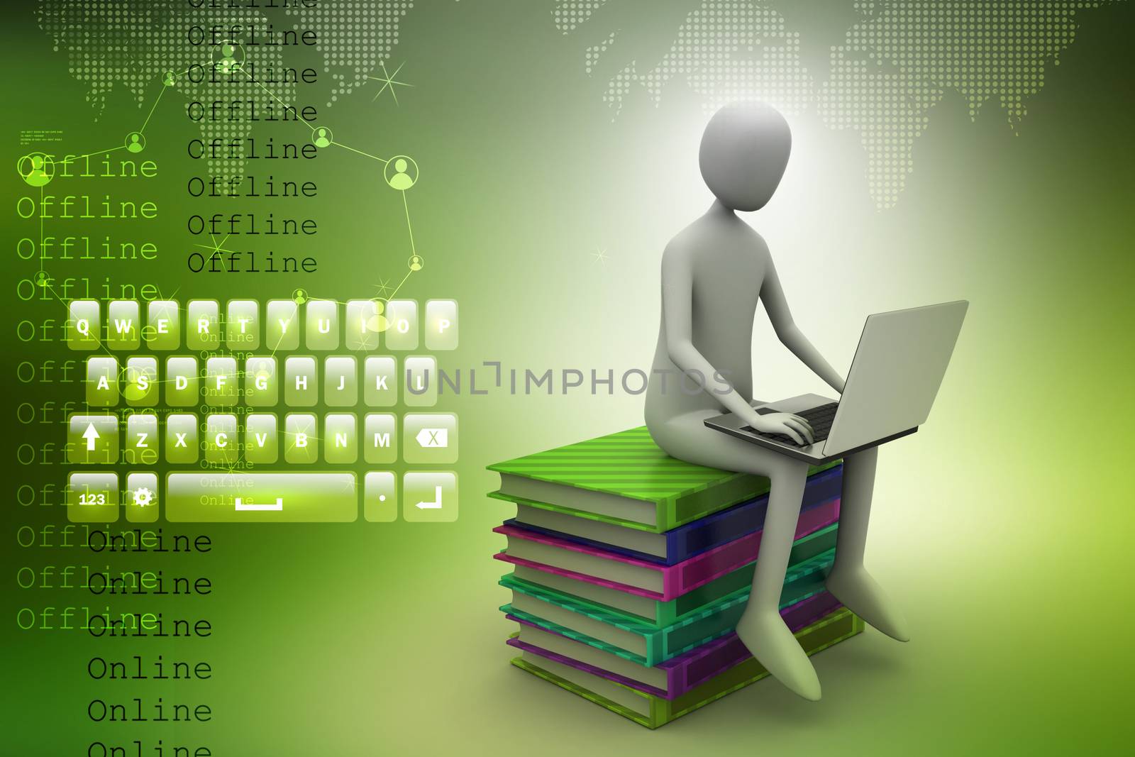 3d man sitting on books and working at his laptop by cuteimage