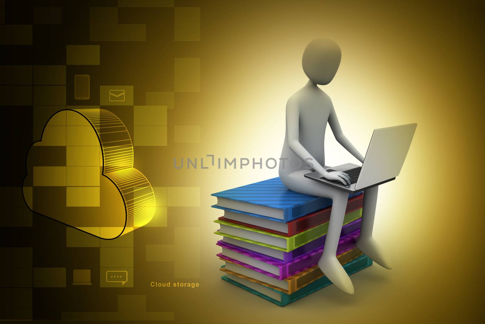 3d man sitting on books and working at his laptop by cuteimage