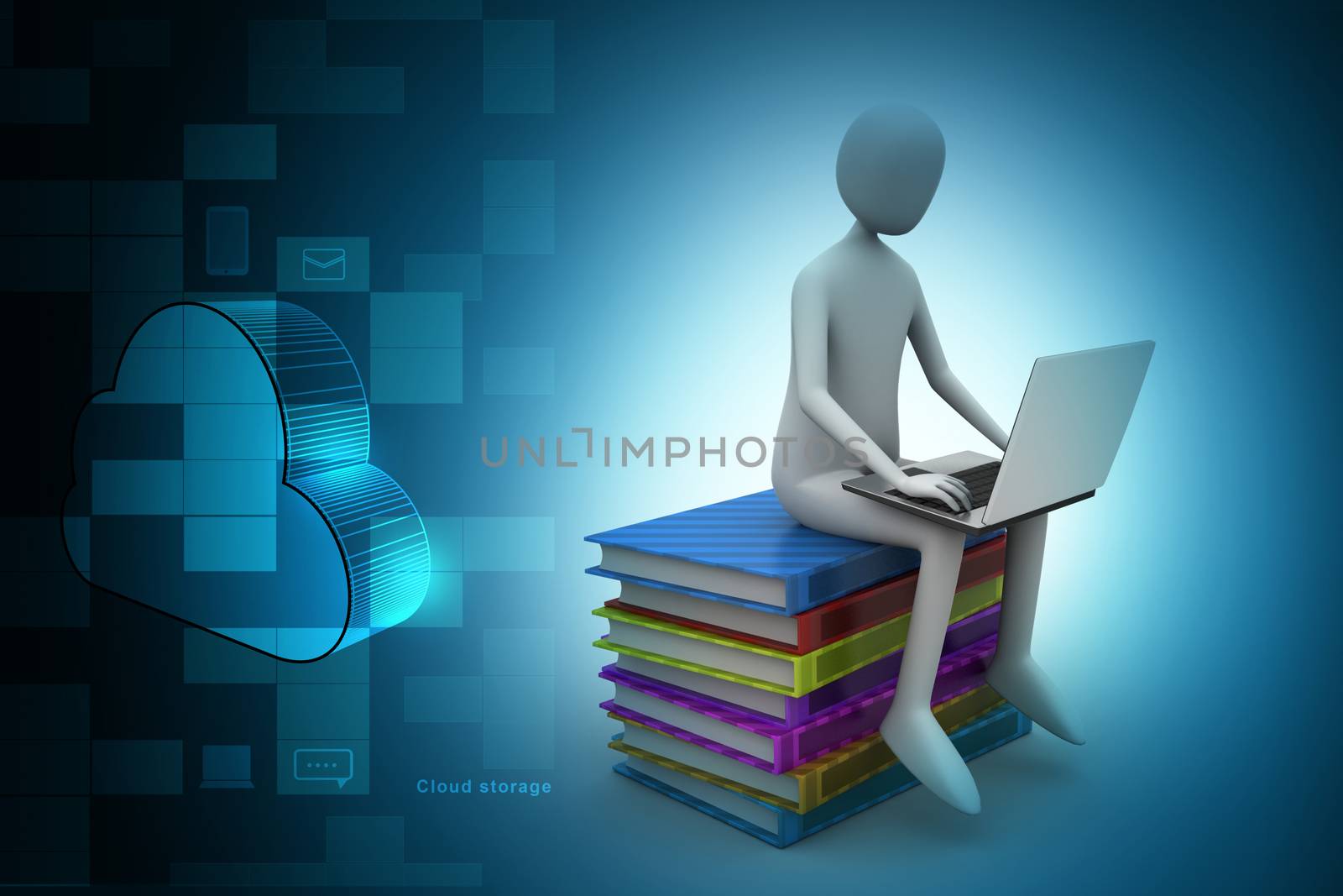 3d man sitting on books and working at his laptop by cuteimage