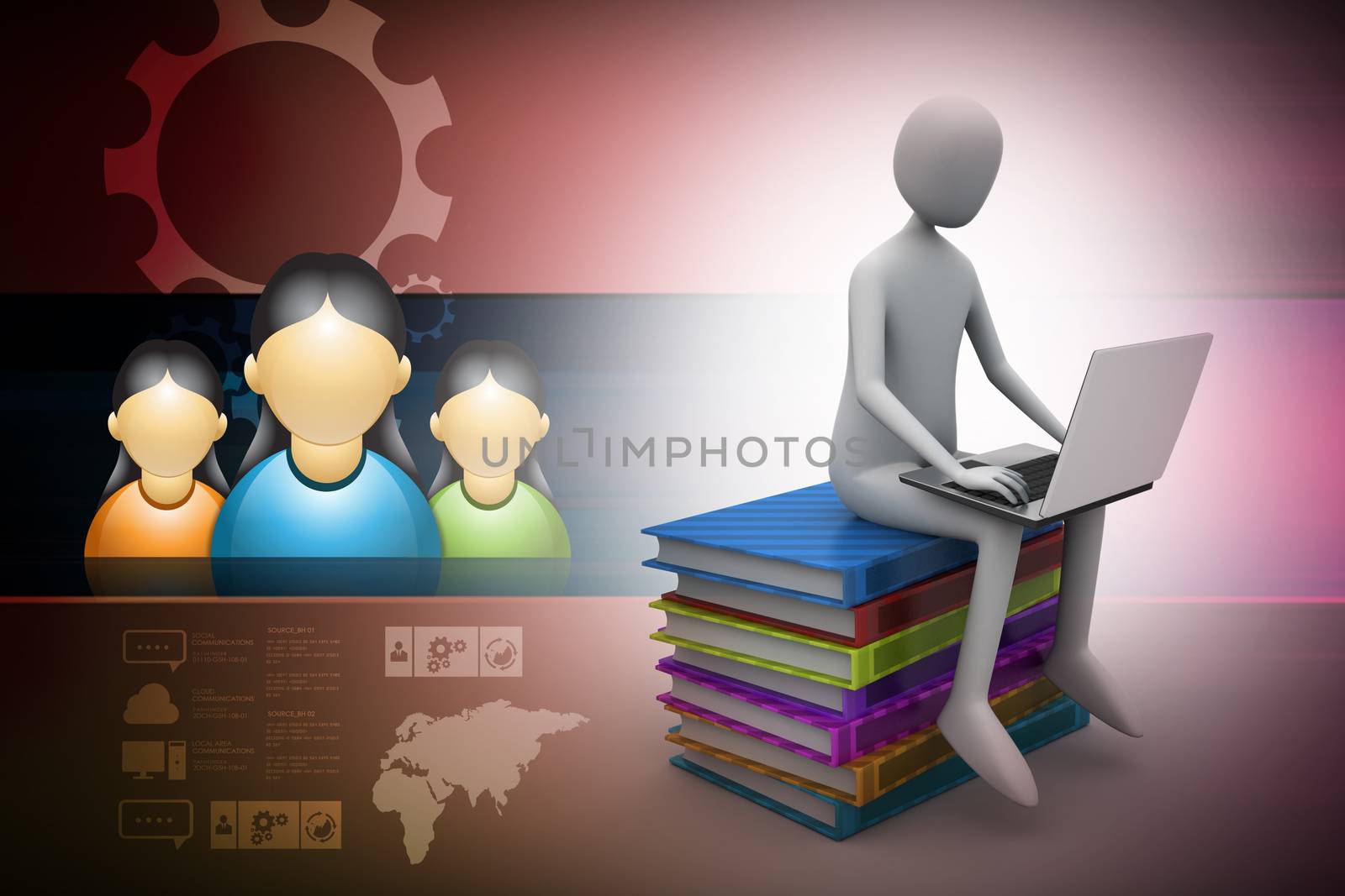 3d man sitting on books and working at his laptop by cuteimage