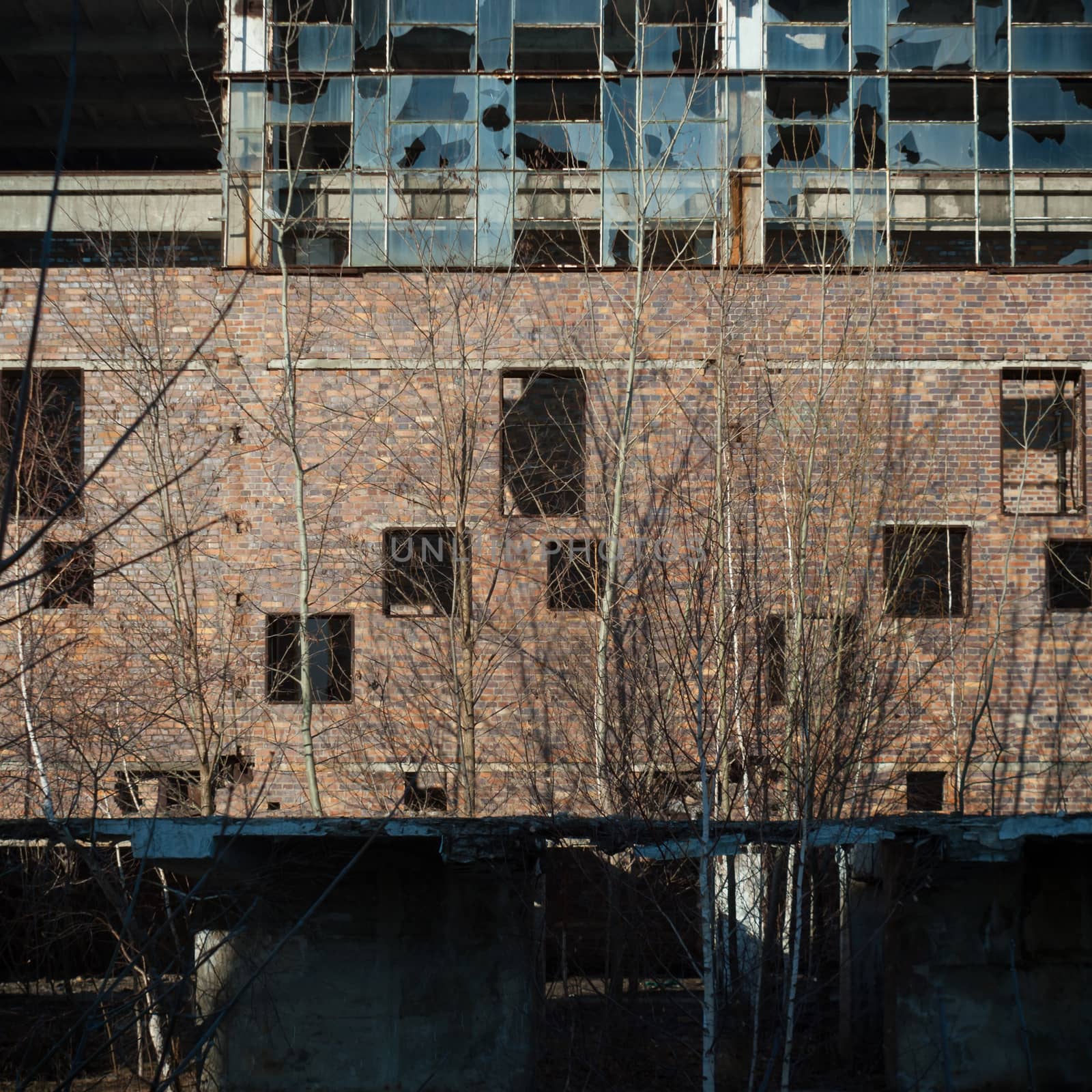 wide angle view of an old wall abandoned factory building