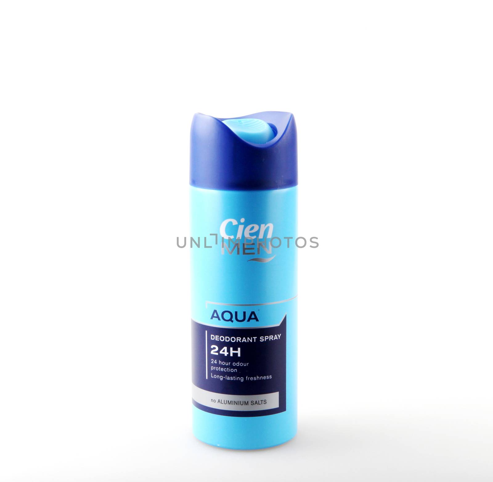 Pomorie, Bulgaria - July 06, 2019: Cien Men Aqua Deodorant Spray Isolated On White Background.  by nenovbrothers