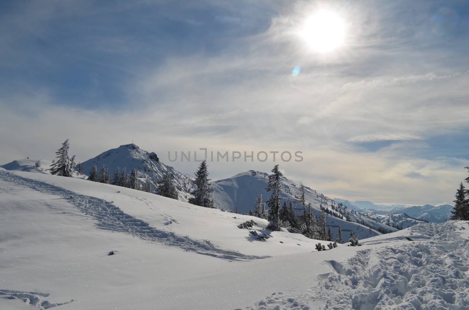 Ski and Snowboard Tracks in the Snow on the Slopes in Flachau Austria