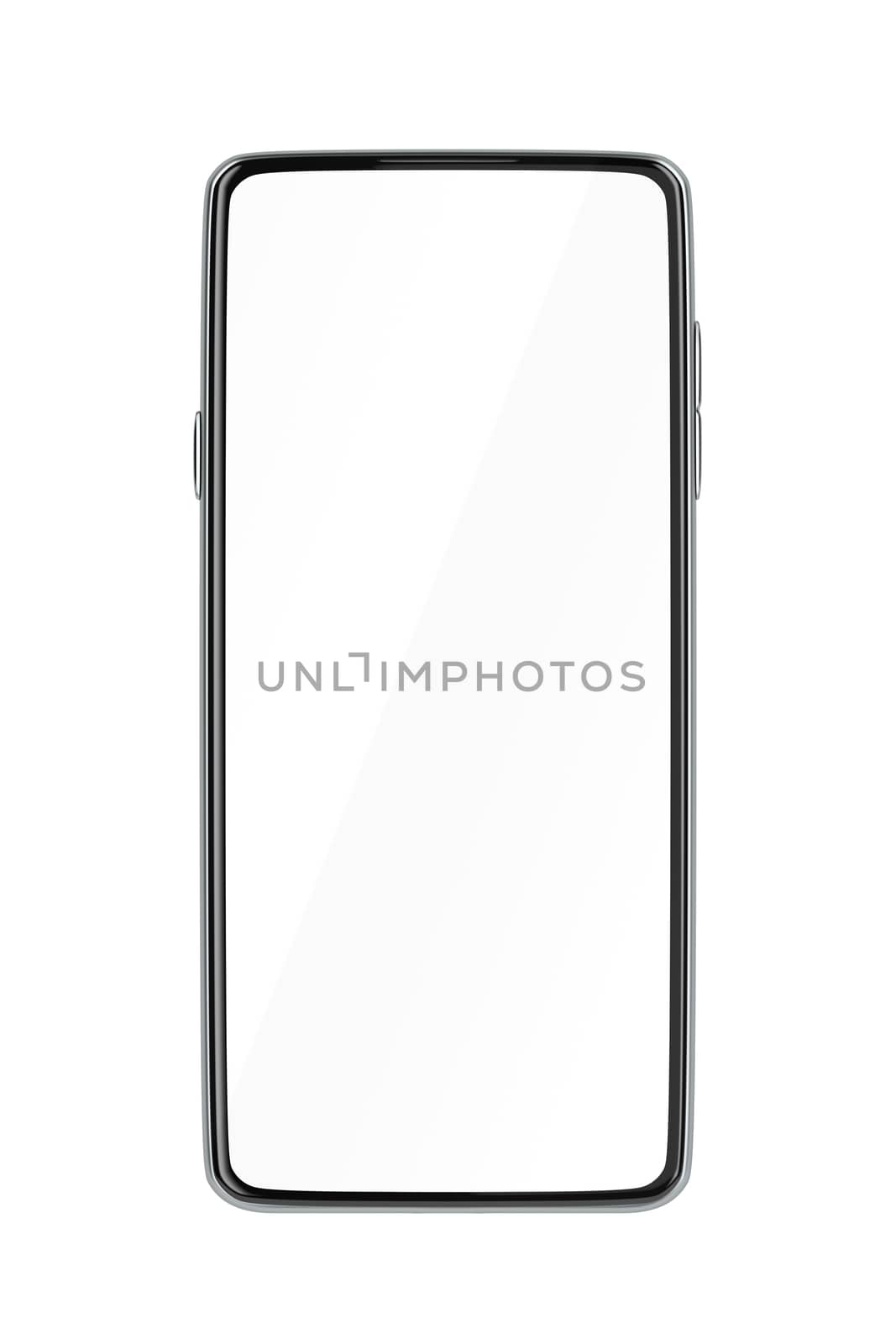 Front view of bezel-less smartphone with blank display, isolated on white background
