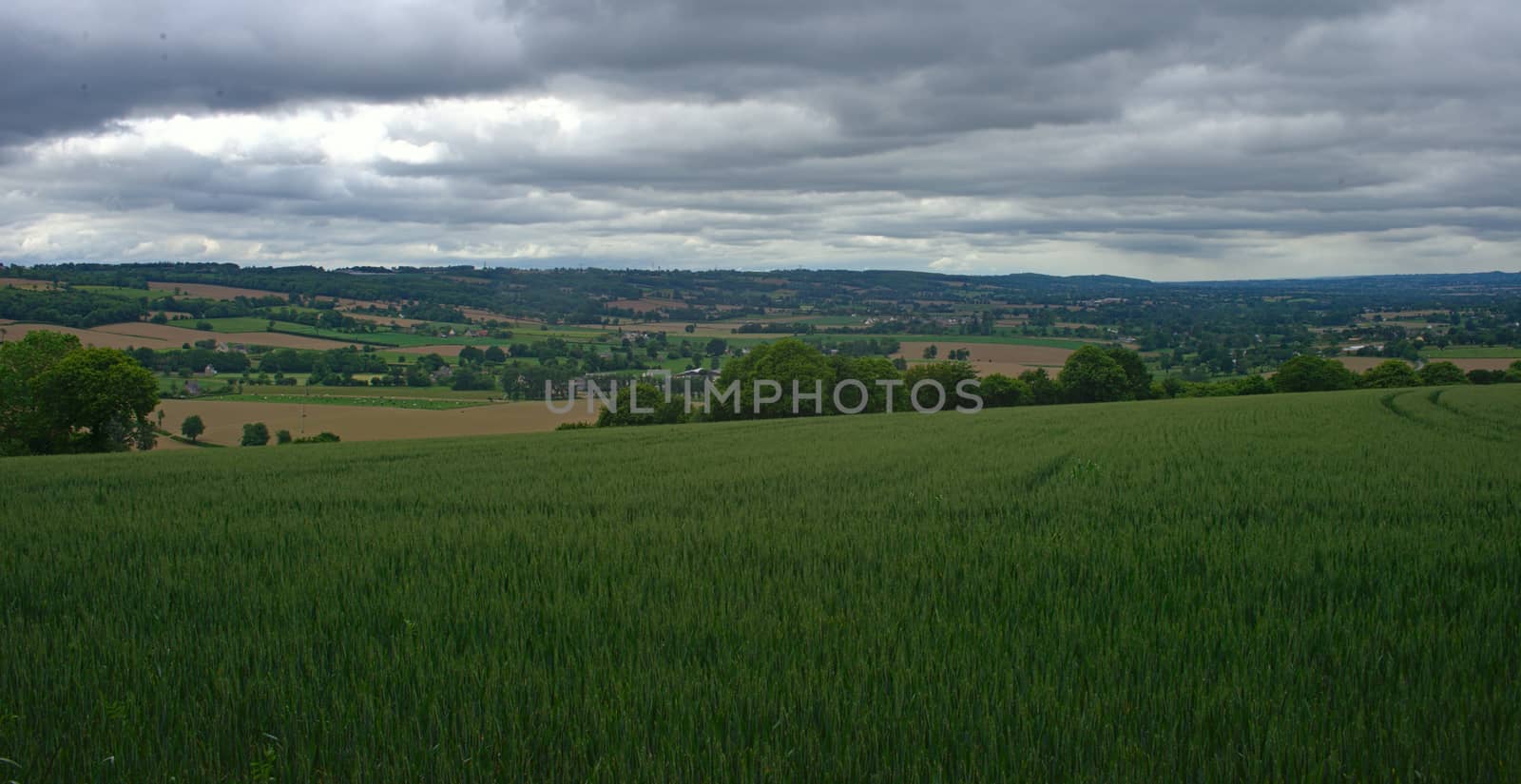 View from the hill on tranquil landscape in rural Normandy