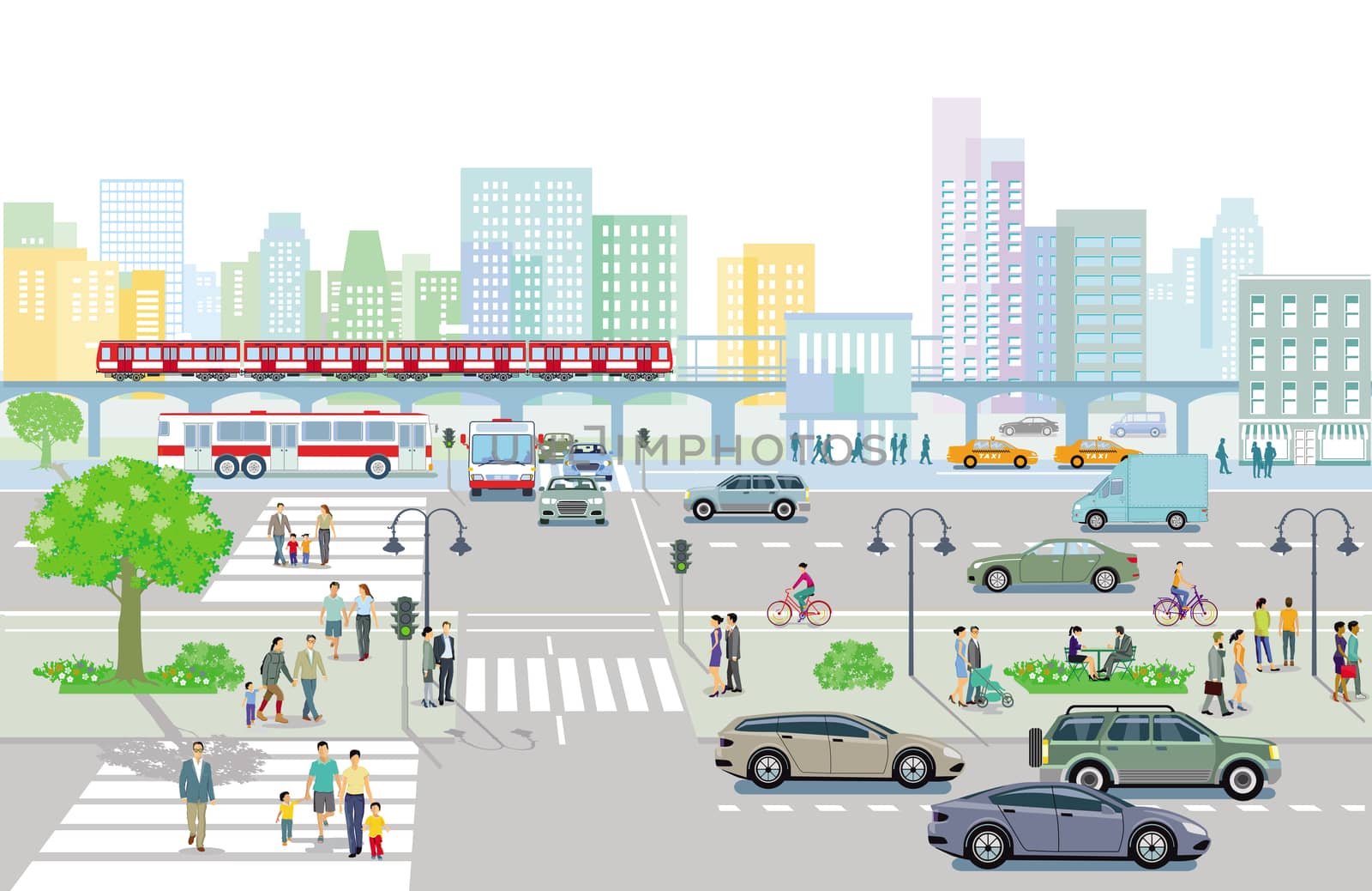 City with traffic and pedestrians on the sidewalk by scusi