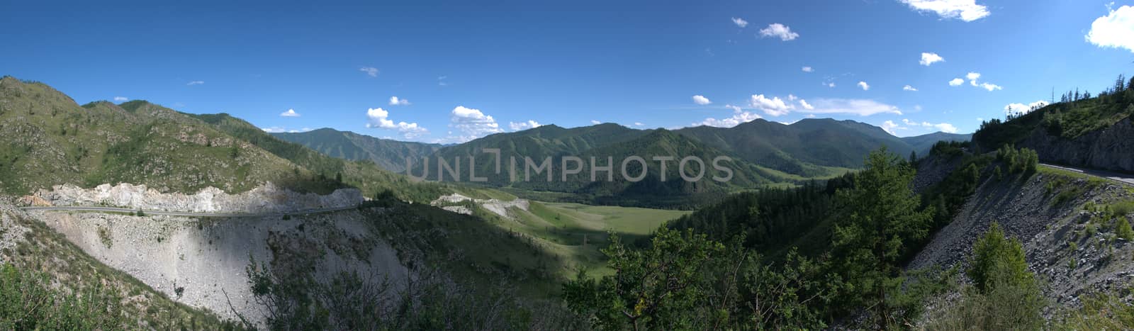 Panoramic picture of the valley at the bottom of the pass Chike-Taman. Altai, Siberia, Russia.