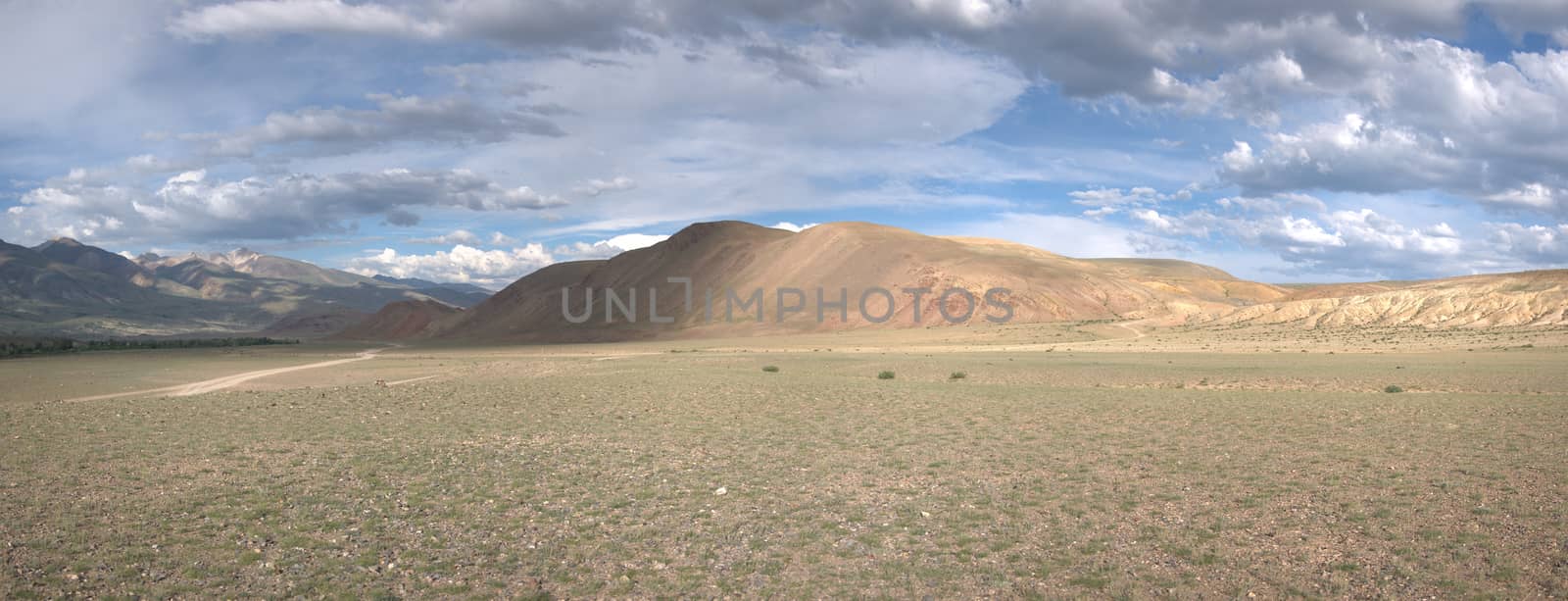 Panoramic shot of the Kurai steppe with high mountain peaks.