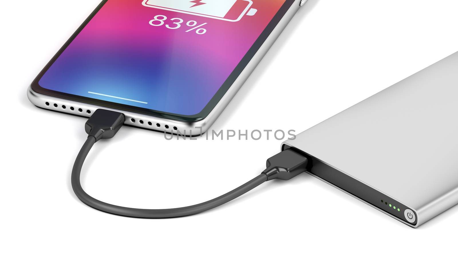 Smartphone charging with silver power bank, close-up
