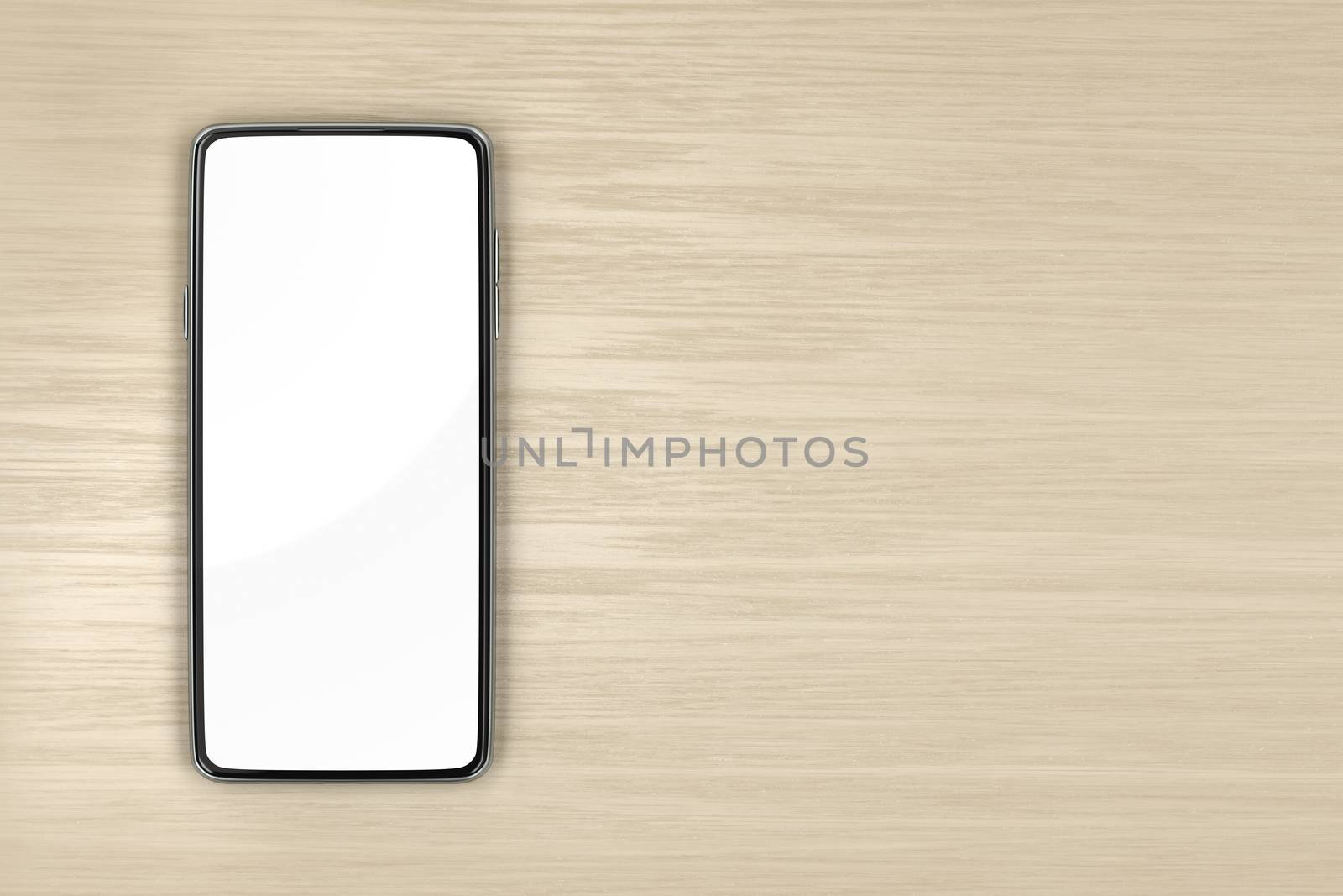 Smartphone with empty screen on wood table, top view