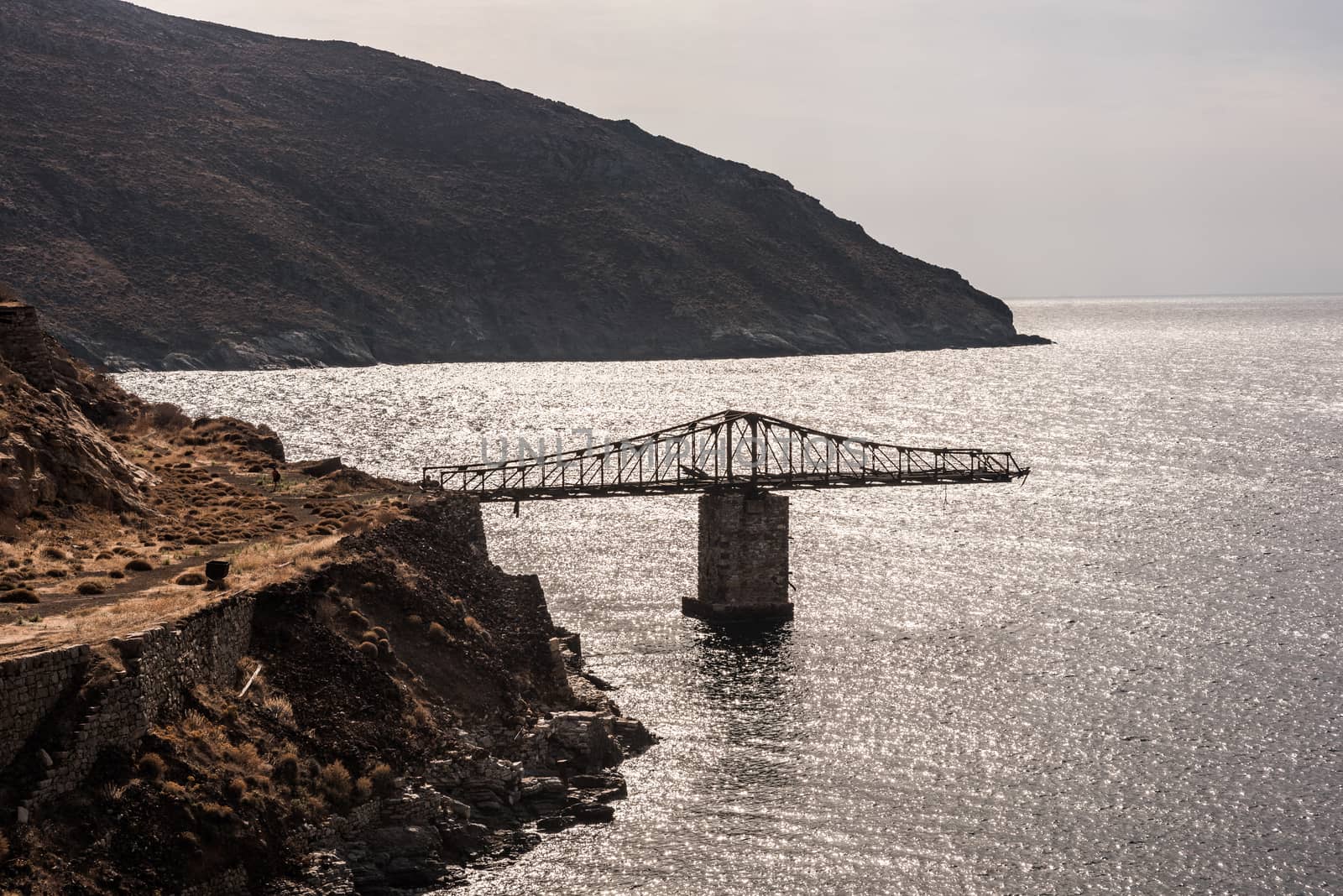 One old, destroyed, abandoned bridge of the old mine of Serifos Island, Cyclades, Greece