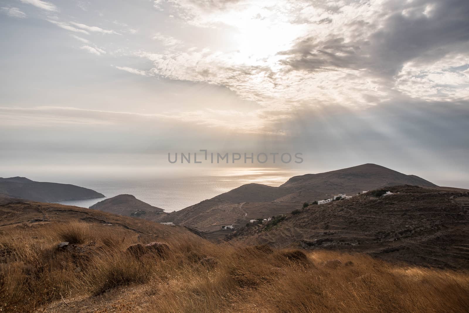 Sunset above on a beautiful summer day on Serifos Island, Cyclades, Greece, relax, holiday, travel on the Aegean Sea