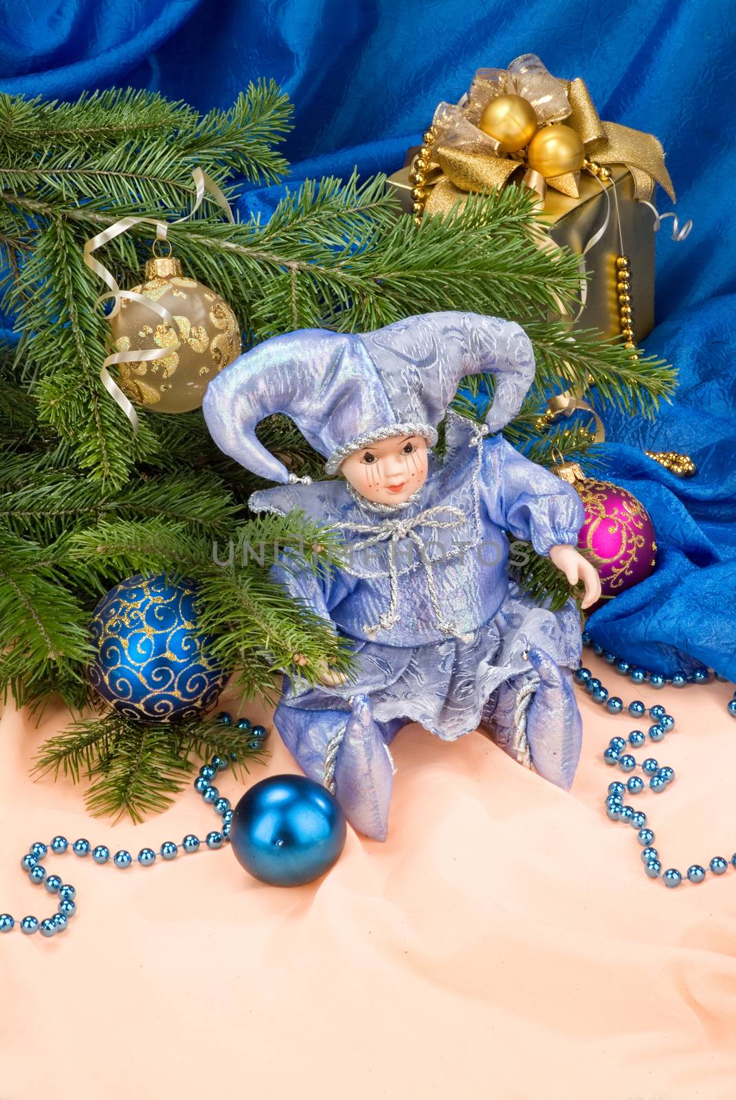 Christmas still life with toys and balls on a studio background