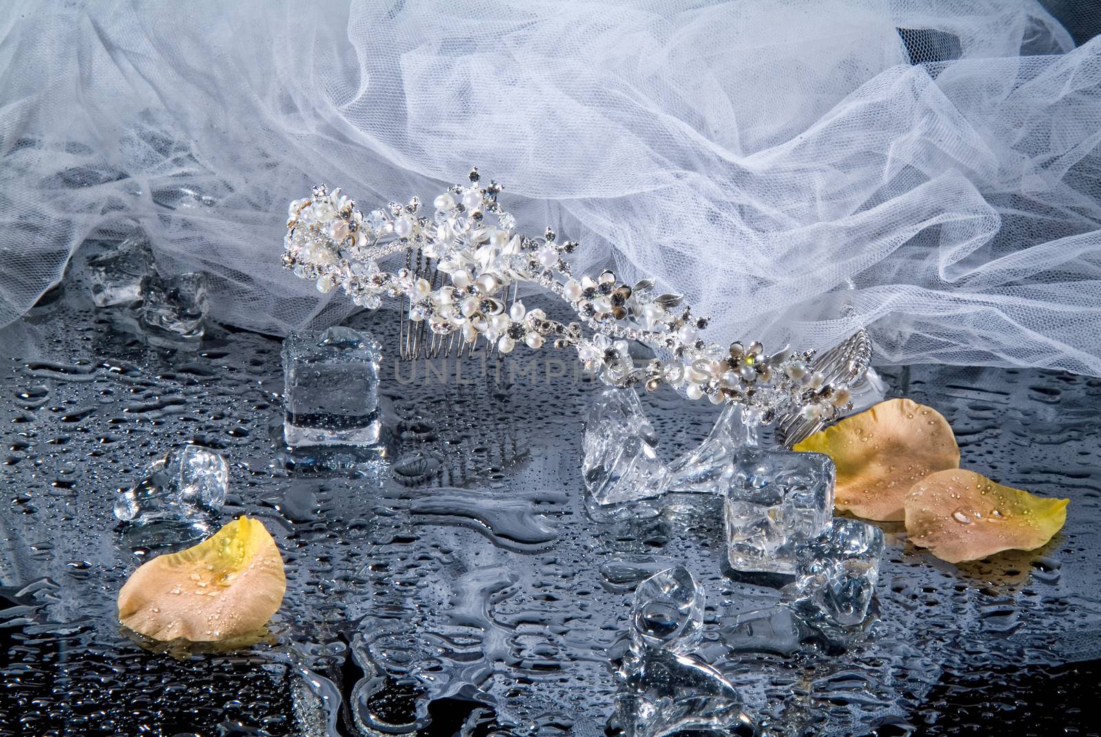 Jewelry and crystals of ice on a glass background
