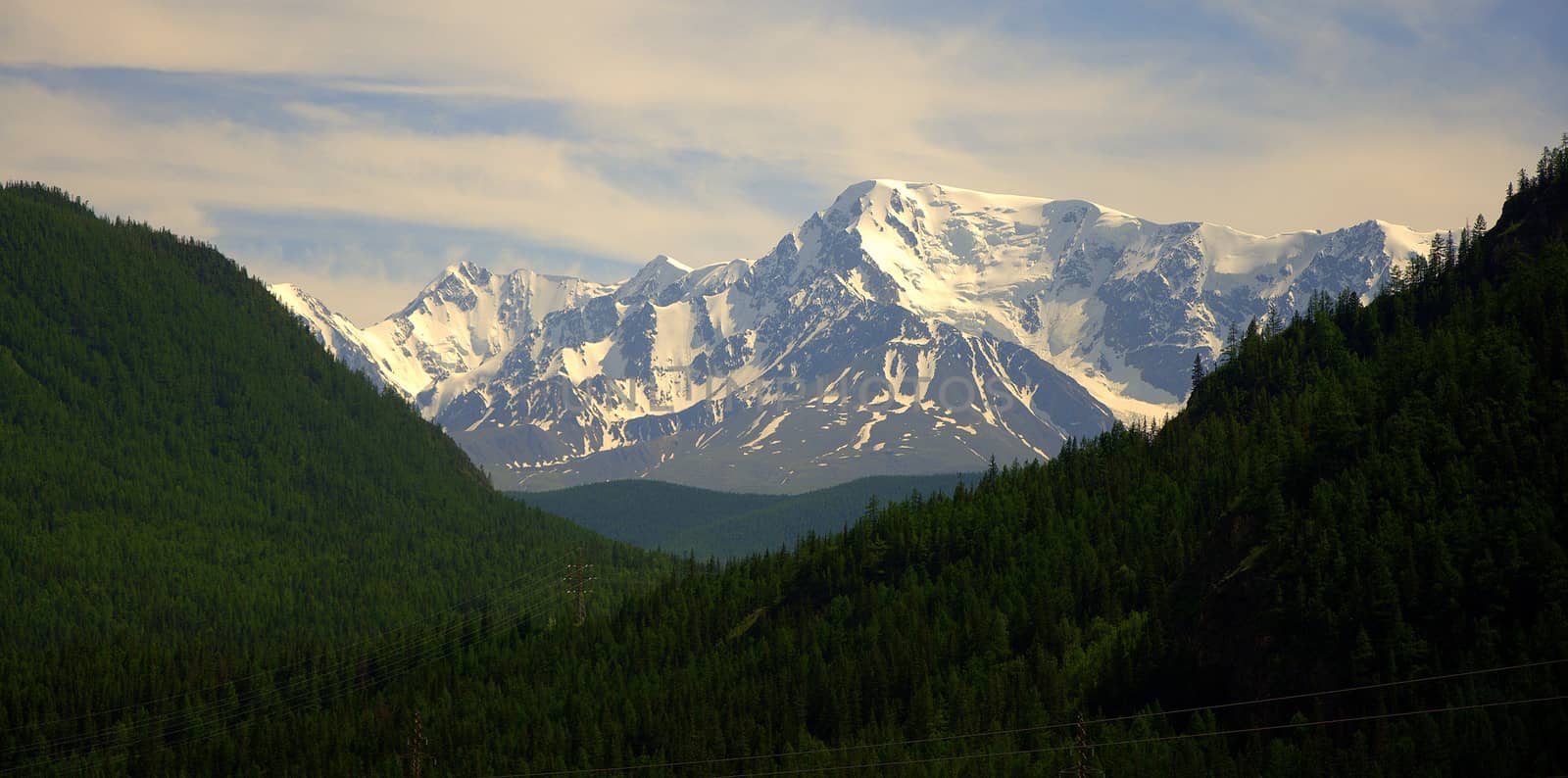 Intermountain hollow and snow peaks of the North-Chuya Range. Gorny Altai, Siberia, Russia.