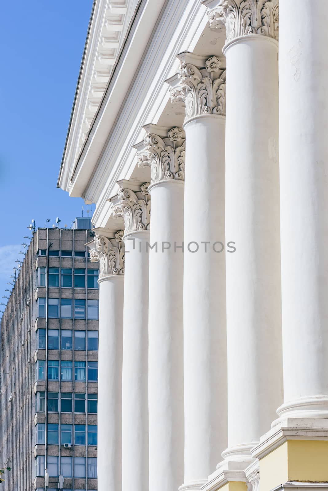 Front of Old Buildig with Columns and Skyscrapper on Background. Alexander Butlerov Chemistry Institute of Kazan University, Russia.