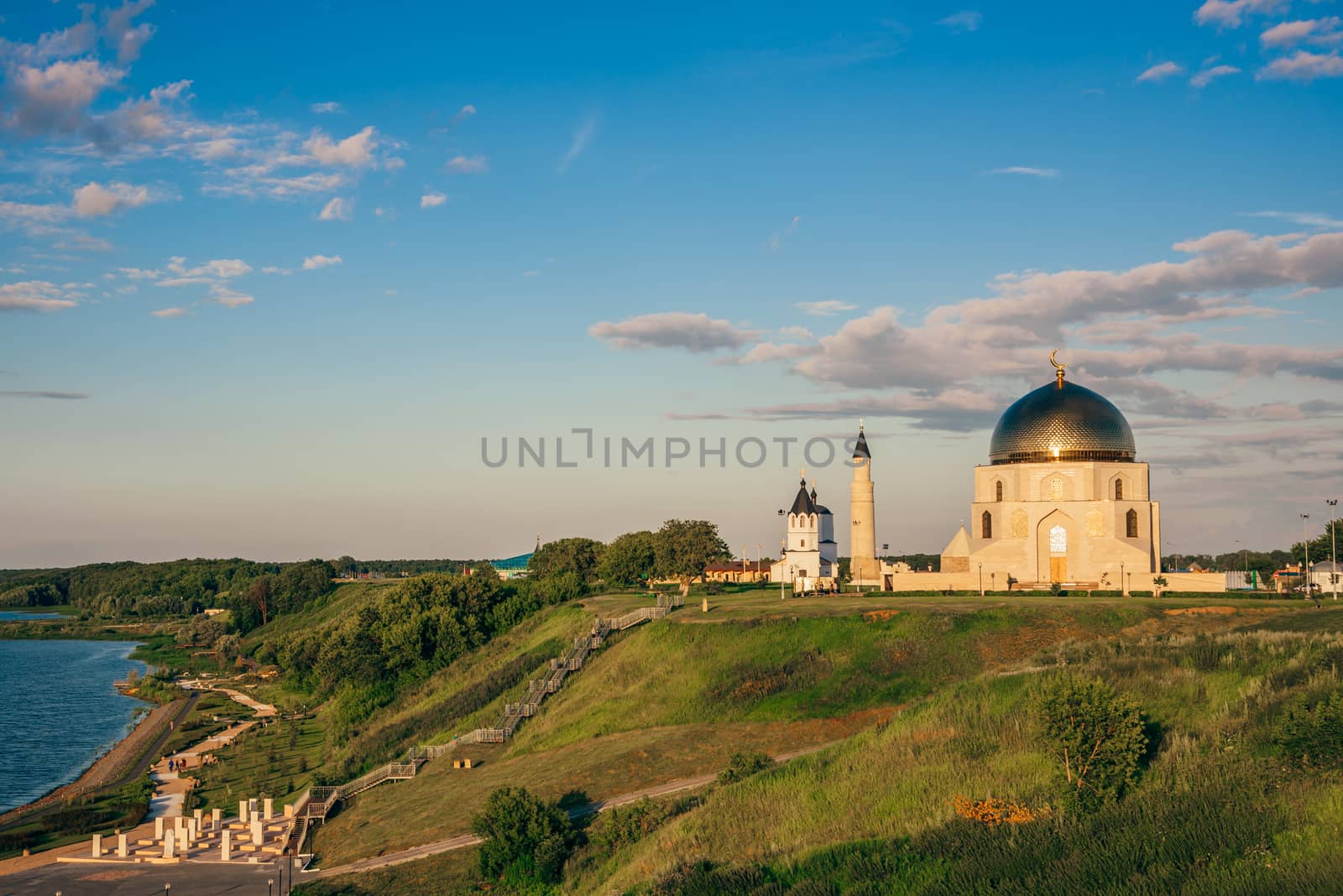 Temples and Buildings of Bolghar on Coastal Hill at Sunset Light.