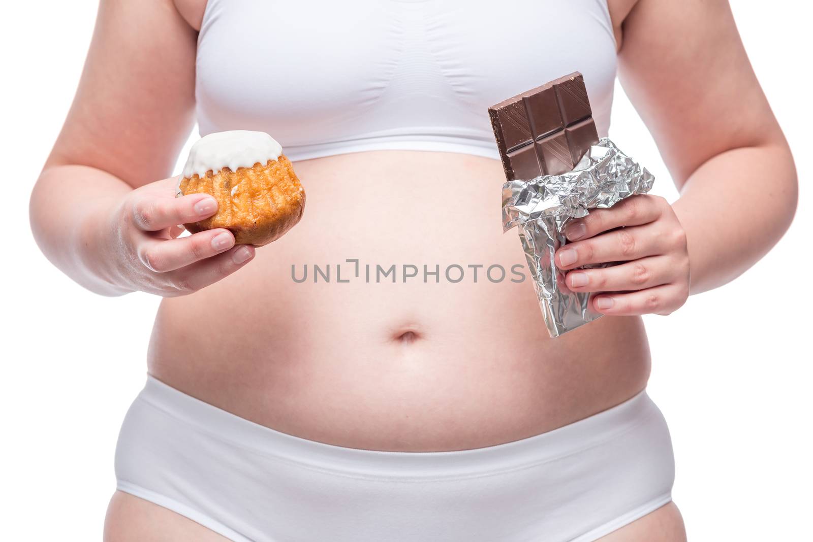 fat girl with chocolate and muffin in underwear, belly closeup by kosmsos111