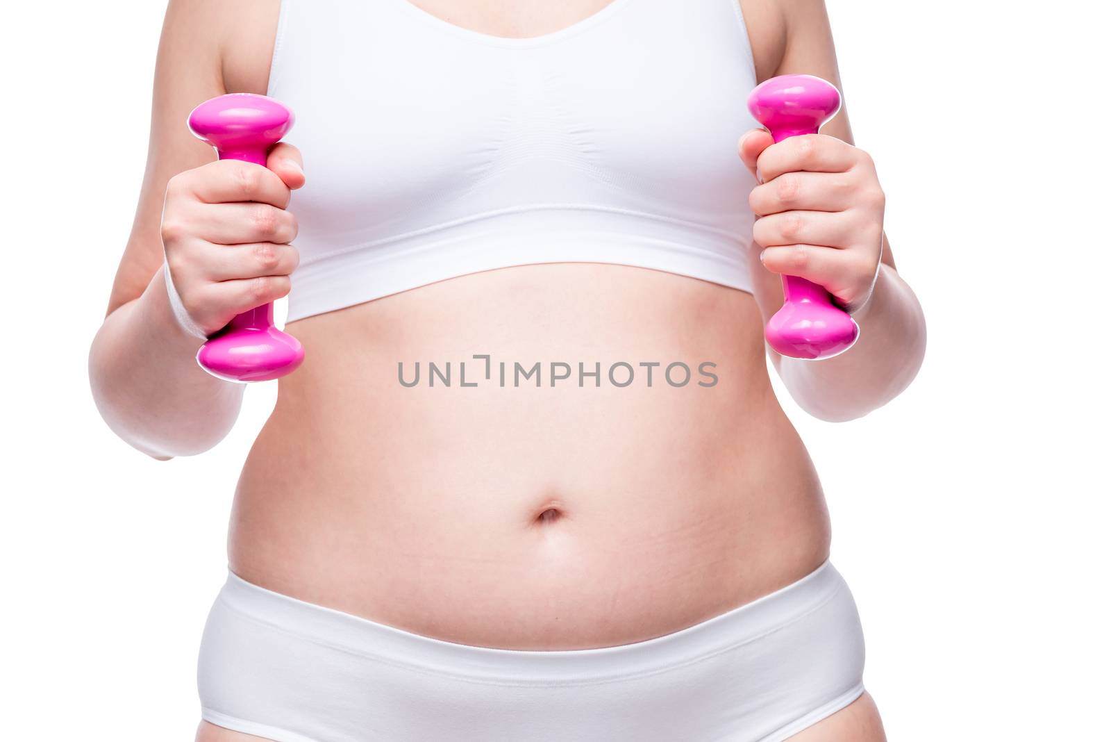 fat woman in white lingerie with pink dumbbells, belly closeup