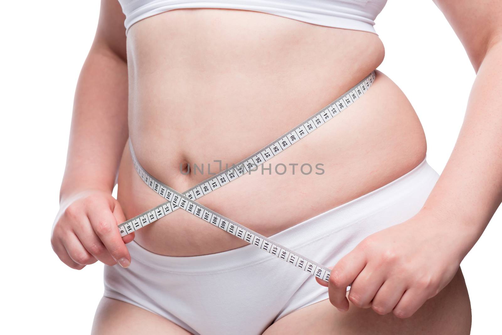 fighting obesity - fat belly close up covered with measuring tap by kosmsos111