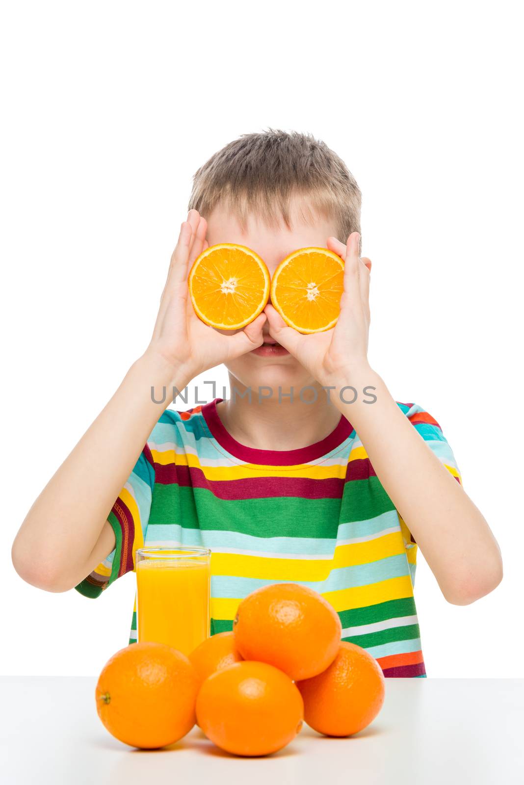 funny boy with oranges and fresh juice posing on a white backgro by kosmsos111