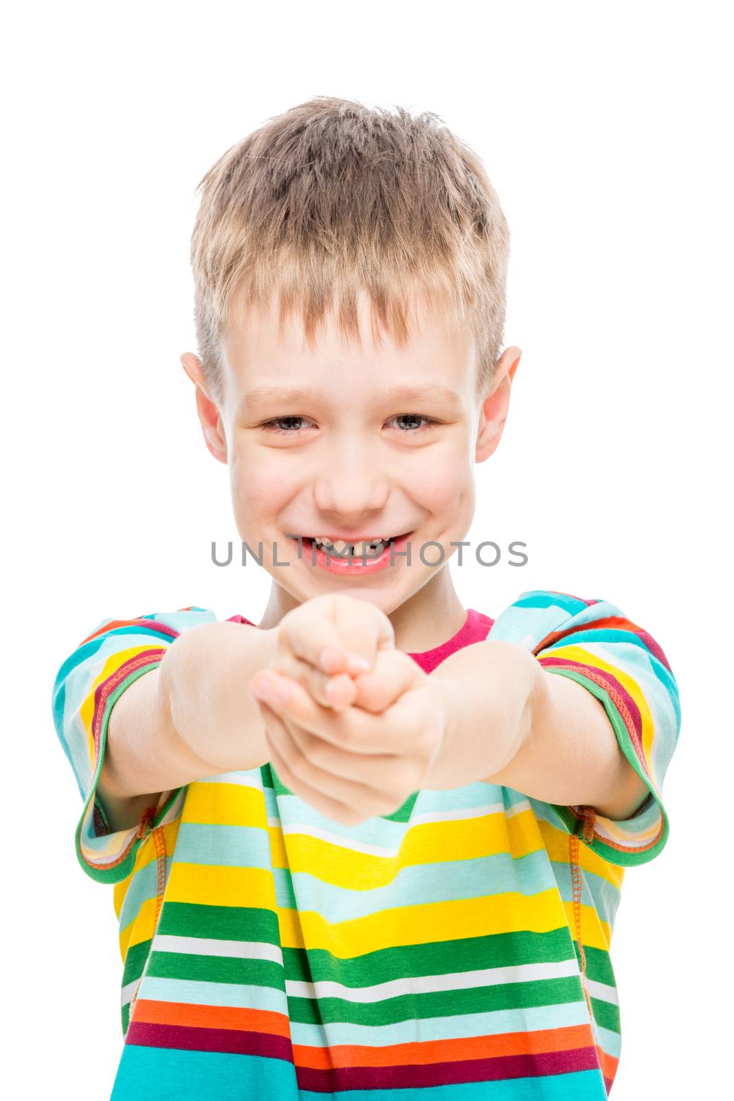 cheerful boy 10 years old on a white background, studio portrait by kosmsos111