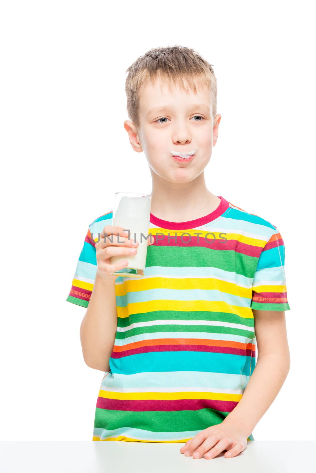 healthy food boy with a glass of milk drink on a white backgroun by kosmsos111